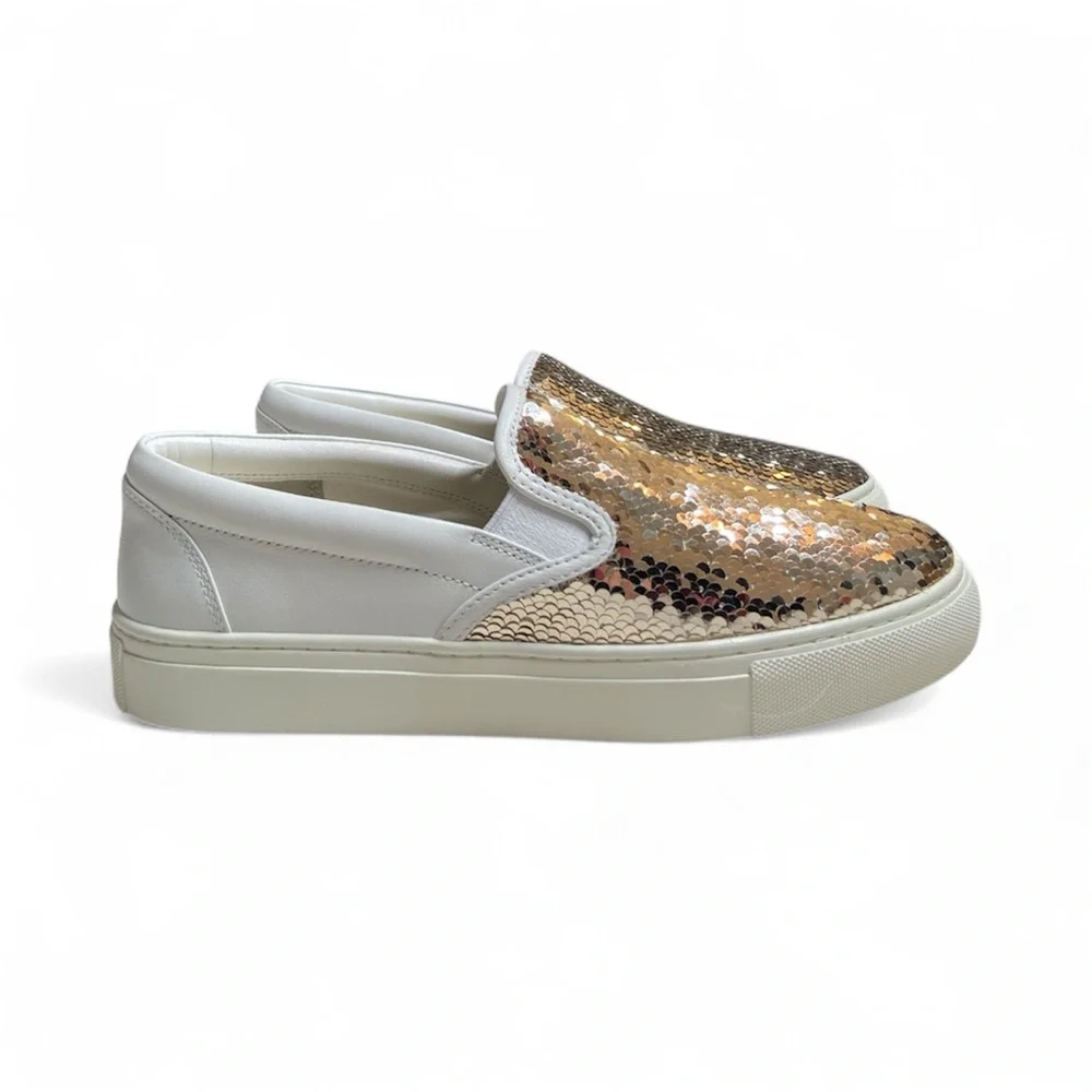 Tory Burch Carter Gold Sequin and Leather Slip On Sneaker Size 8.5